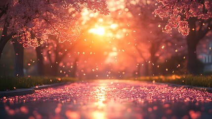 Wall Mural - Sunset Cherry Blossom Path, Falling Petals, Spring