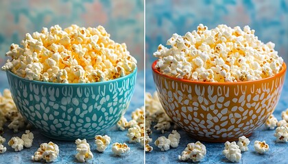 Side-by-side comparison fresh corn kernels processed into fluffy popcorn, displayed in vibrant bowls.