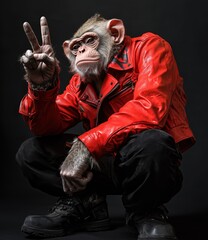Wall Mural - a cool monkey wearing a red leather jacket and black boots, striking a confident pose and flashing a