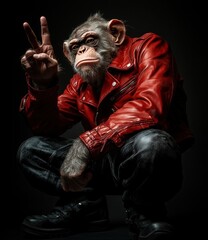 Wall Mural - a cool monkey wearing a red leather jacket and black boots, striking a confident pose and flashing a