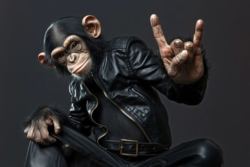Wall Mural - a chimpanzee wearing a black leather jacket making a rock and roll hand gesture, set against a dark 