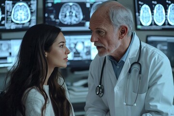 Doctor and patient discuss medical results in a modern hospital setting with brain scans displayed on multiple screens