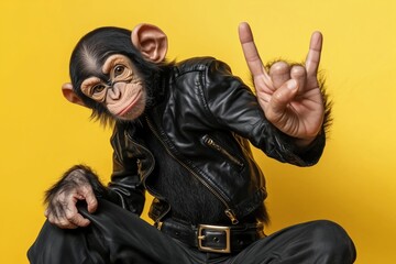 Wall Mural - a chimpanzee wearing a black leather jacket making a rock and roll hand gesture against a bright yel