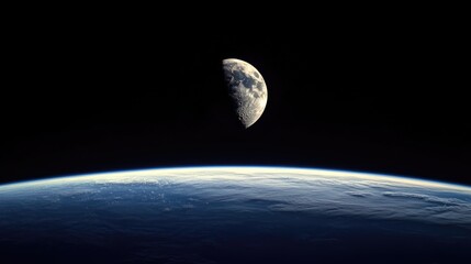 Wall Mural - Radiant Half Moon Over a Dark Surface: A Stunning Natural Focal Point Against Earth's Atmosphere