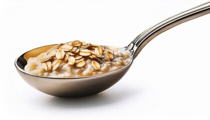 a spoonful of oatmeal is sitting on a white background