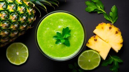 Wall Mural - Refreshing Green Pineapple Smoothie with Antioxidants and Clean Eating Benefits - Top View with Lime Slice - 16:9 Aspect Ratio