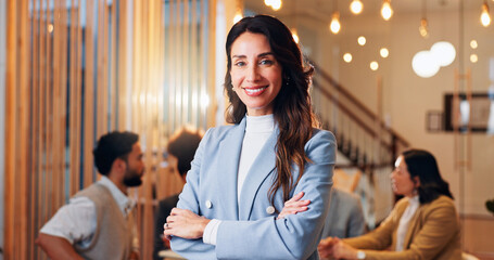 Poster - Portrait, smile and creative business woman with arms crossed for event planning, artist consultant or director. Gallery curator, happy and startup founder with person in agency for confidence