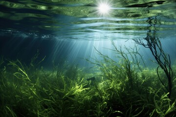 Naklejka na meble Summer Underwater Grass in Sea with Green Pine-like Tree Branches