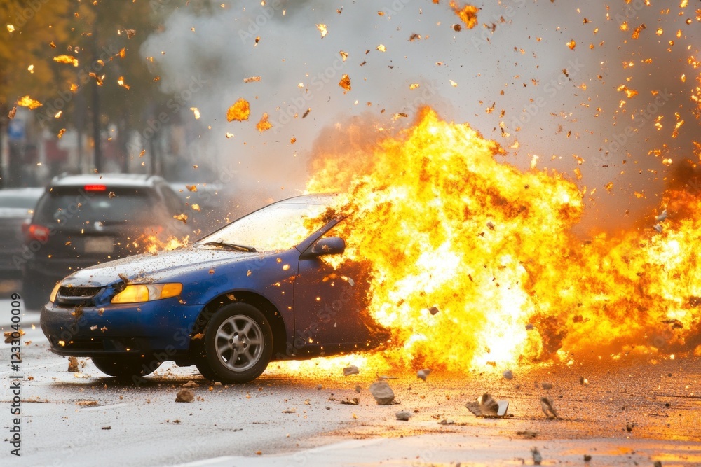 Burning car exploding in the street with fire and debris Stock Photo ...