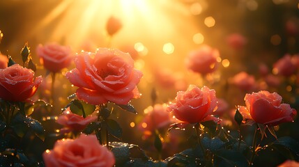 Wall Mural - Dewy roses sunrise garden romantic bokeh greeting card