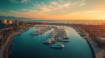 Wall Mural - Aerial view of marina del rey harbor in los angeles with boats docked in the marina sparkling water. Sparkling Harbor. Illustration