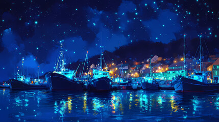 Wall Mural - Bioluminescent water glowing at night near harbor with fishing boats. Sparkling Harbor. Illustration