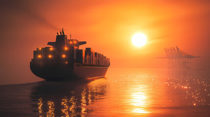 Wall Mural - Cargo ship sailing through a misty sunset with a bright orange sky and sparkling water. Sparkling Harbor. Illustration