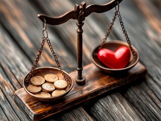 Antique scales with two pans; golden coins on the left, red heart on the right, symbolizing balance between money and love, placed on a wooden surface.