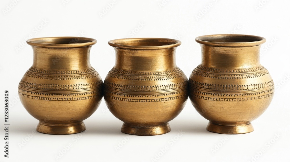 Brass 'Kalash' water containers, common in traditional Indian culture ...