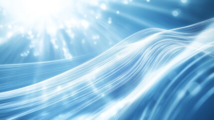 Wall Mural - Wavy white light beams flow against a blue backdrop, forming an image that represents advanced technology in healthcare. (114 character)