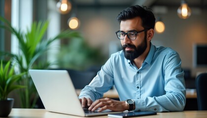 Indian man works on laptop in modern office. Pro tech expert sits, focuses on computer. Works on project in tech workspace. Looks concentrated, dedicated to task. Office environment modern,