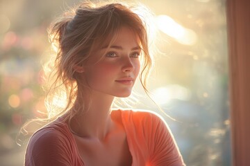 Wall Mural - Soft morning light illuminates a woman with gentle features while she gazes thoughtfully out a window