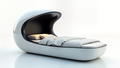 Futuristic capsule bed design for modern comfort. Sleek white, black pod bed. Ideal for minimalist home hotel interior. Modern style sleep capsule provides deep relaxation. Innovative design. Perfect