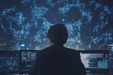 Glowing wireframe of a data analyst surrounded by digital data