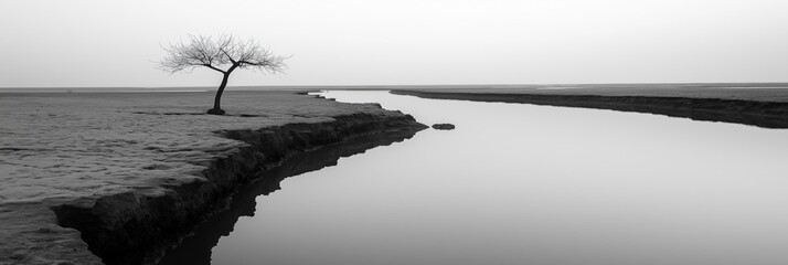 Sticker - A tree is standing in the middle of a river. The water is calm and the sky is cloudy