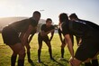 © peopleimages.com - Rugby, team and training with huddle, discussion and game field for match preparation or competition plan. Sports, health and group of athlete men outdoor with grass, club and practice with exercise