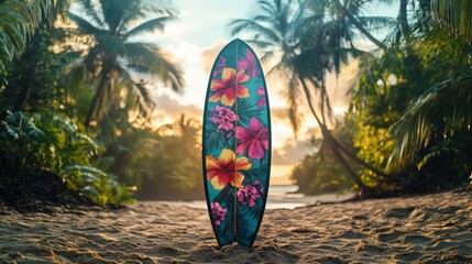 Wall Mural - Vibrant surfboard with floral design in sand at tropical beach during sunset