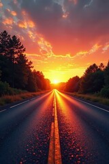 Wall Mural - Golden hour light bathes empty asphalt road, sunrise colors paint the sky , orange, peaceful