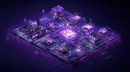 A futuristic holographic display of an assembly process on a deep purple background.