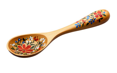 A Wooden Spoon with Elegant Floral Etchings for Decorative and Practical Use Isolated on Transparent Background.