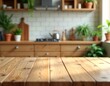 © Viktor - Empty wooden table in blurred kitchen setting. Natural light shines on wood surface. Wooden cabinets, white brick tiles in background. Kitchen utensile, plants, blurry kitchen space visible. Homey