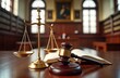 © Viktor - Wooden gavel scales, book in courtroom. Legal system concept with justice theme. Symbols of law, order. Traditional courtroom setting. Focus on balance, decision-making. Background shows interior of