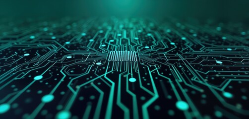 Abstract circuit board. Complex network of glowing teal lines, dots on dark background. Tech illustration shows intricate connections, central processor. Futuristic, abstract design. Represents data