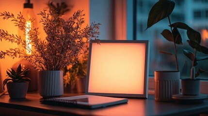 glowing frame by window with plants, notebook, cozy home office