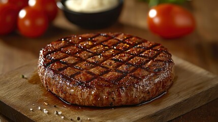 Wall Mural - Grilled patty on wood board, tomatoes, sauce, kitchen setting