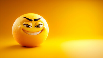 Wall Mural - A smirking emoji with a confident expression and raised eyebrow on a bright yellow gradient background