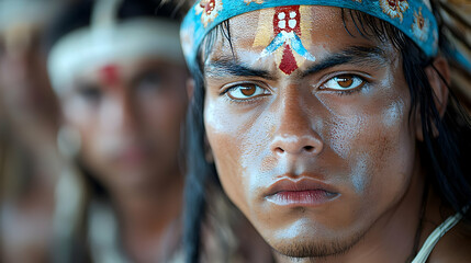 Indigenous man portrait, festival, ceremonial paint, cultural event