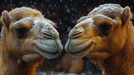 Wall Mural - two camels face each other closely with snow falling on their fur during winter