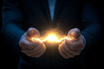 Poster - Powerful electricity discharge between businessman’s hands, representing energy, innovation, high voltage, and futuristic technology in digital business concepts, Generative AI