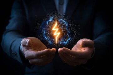 Fototapete - Businessman holding glowing electric energy symbol in hands, representing power, innovation, electricity, energy control, and futuristic technology in digital business, Generative AI