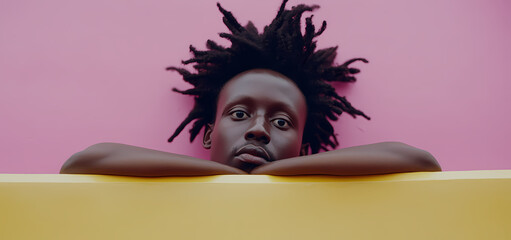 Unique portrait captures the essence of creativity and individuality against a vibrant pink background with playful color contrast