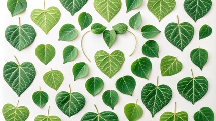 Wall Mural - Heart-shaped leaves in various shades of green arranged in a symmetrical pattern on a white background, botanical art, leafy patterns, natural beauty