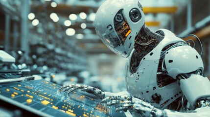 Wall Mural - futuristic robot analyzing data on advanced computer interface