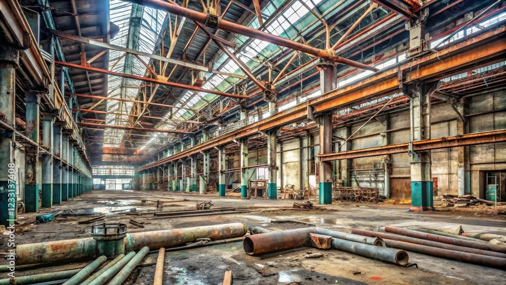 Industrial warehouse interior with exposed pipes, worn metal beams, and scattered debris in a ...