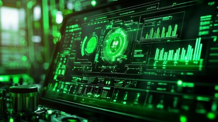 Wall Mural - futuristic data visualization on laptop screen with neon green glow
