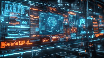 Wall Mural - futuristic digital interface with neon highlights and data streams