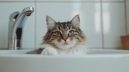 Fluffy cat relaxing in a bathroom sink with chrome faucet and white tiles in the background