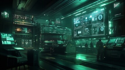 Wall Mural - futuristic control room with green lighting and high-tech screens