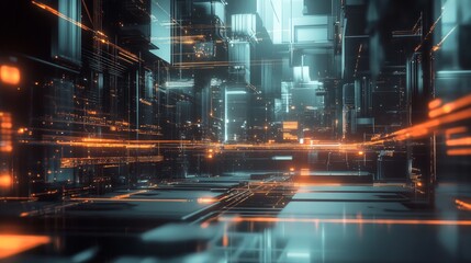 Wall Mural - futuristic digital landscape with glowing lines and reflection effects