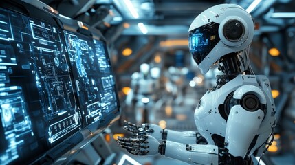 Wall Mural - futuristic robot interacting with high-tech interface in laboratory
